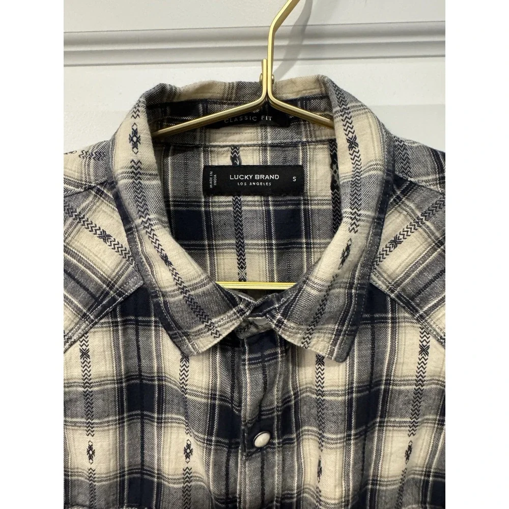 LUCKY BRAND Men's Long Sleeve Shirt Jacket Tan Black Snaps Small S Western Vibe